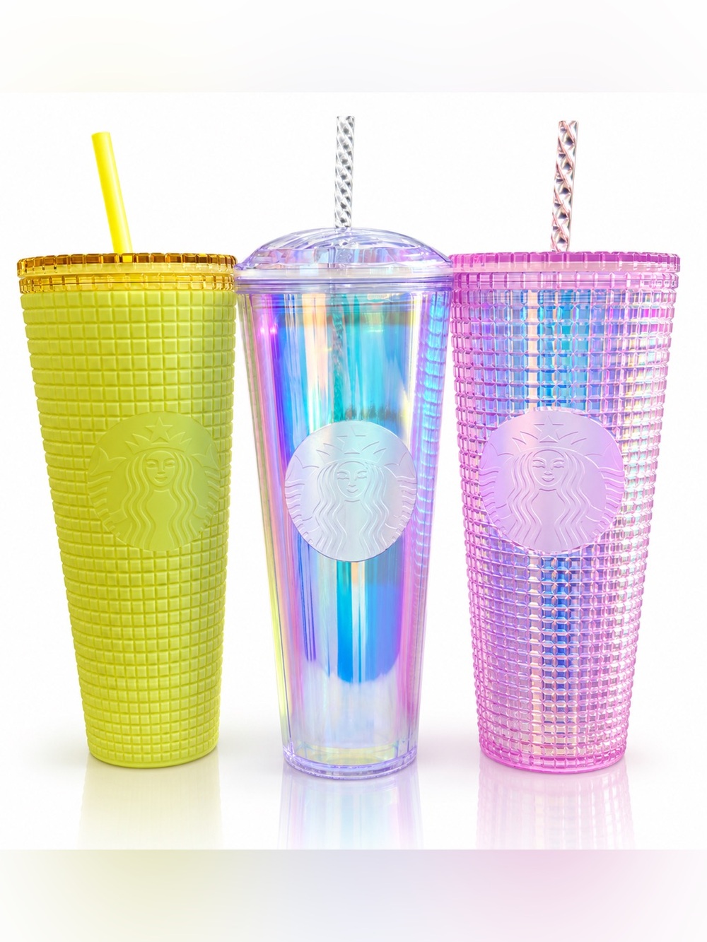 Starbucks 24oz Tumblers Set of 3 Neon Yellow Pink Iridescent Clear Holographic